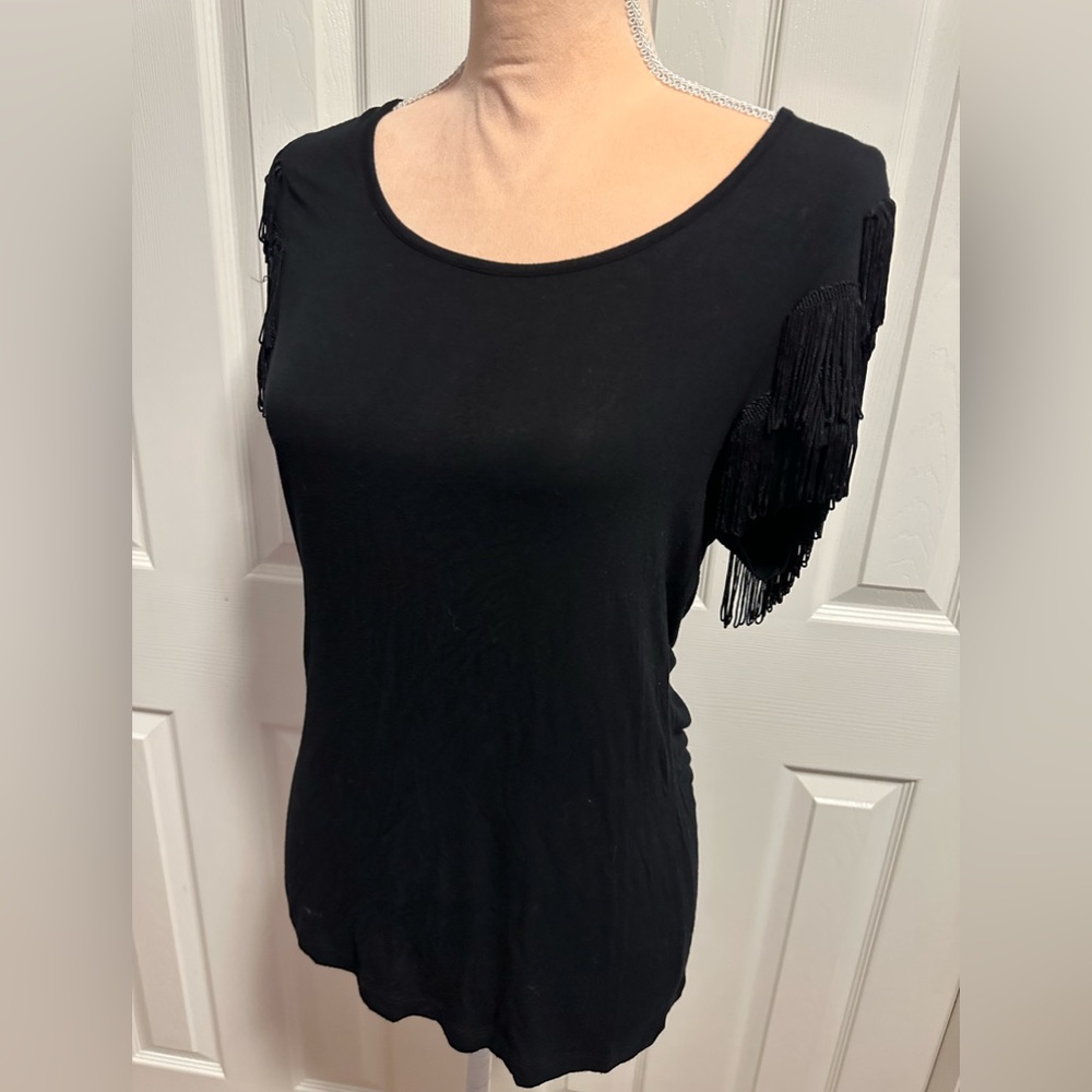 Spense Silky Knit Top with Fringe Sleeves